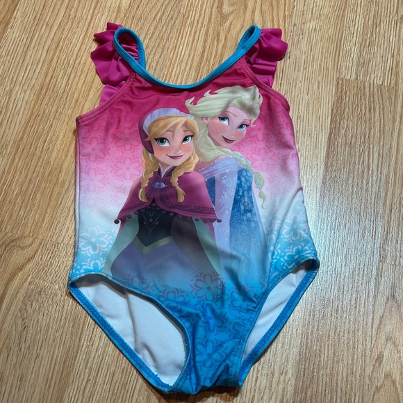Disney Frozen Anna Elsa Swimsuit Girls One Piece Ruffled Swimwear Kids - Picture 1 of 4